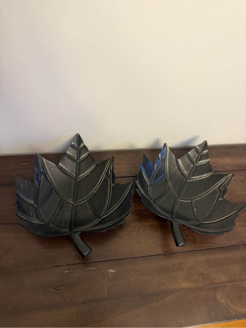 Set of 2 Wooden Leaf Dishes Black Gold Decorative Trays Fall Candy Bowls